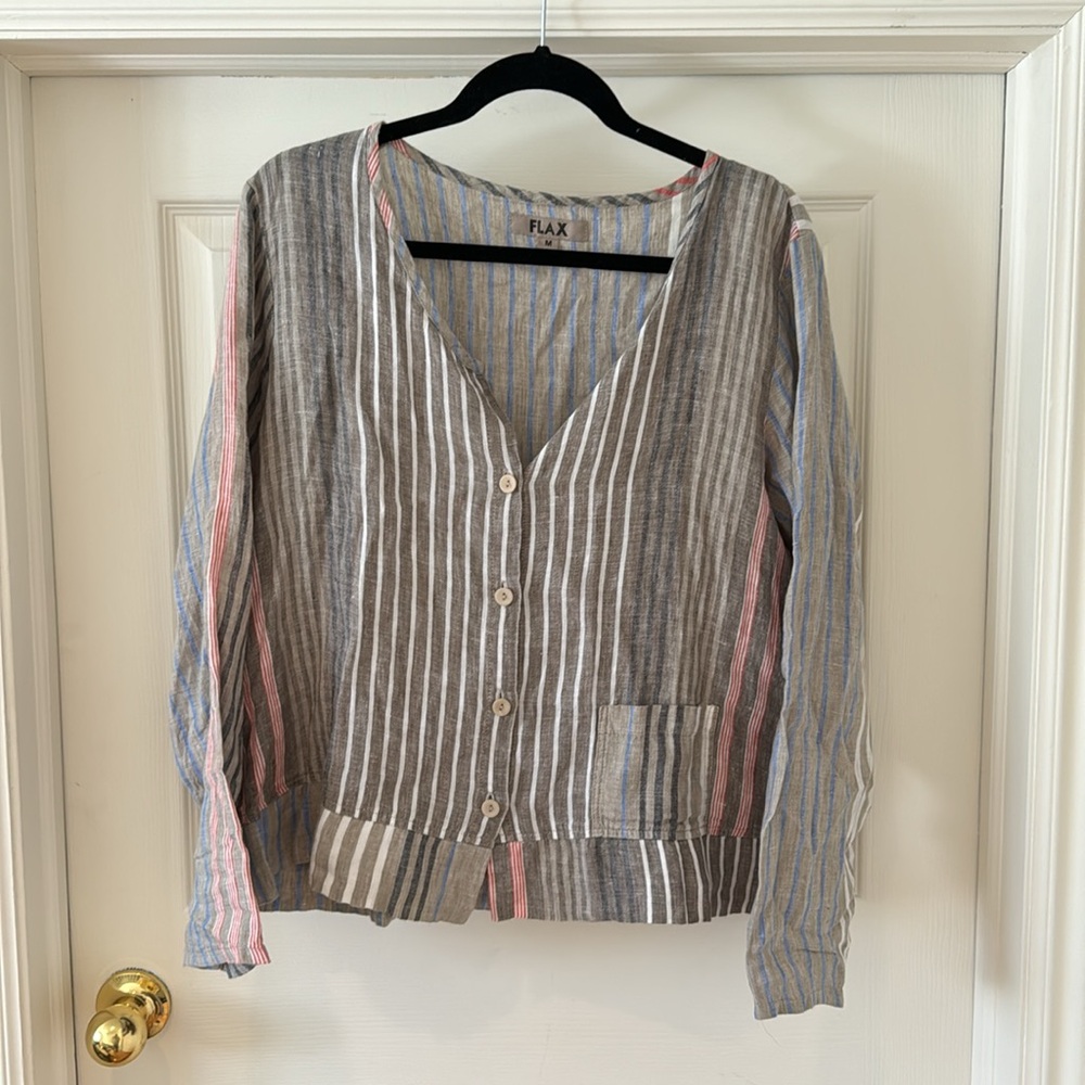 Flax Striped Patchwork Linen Button Front Blouse … - image 1